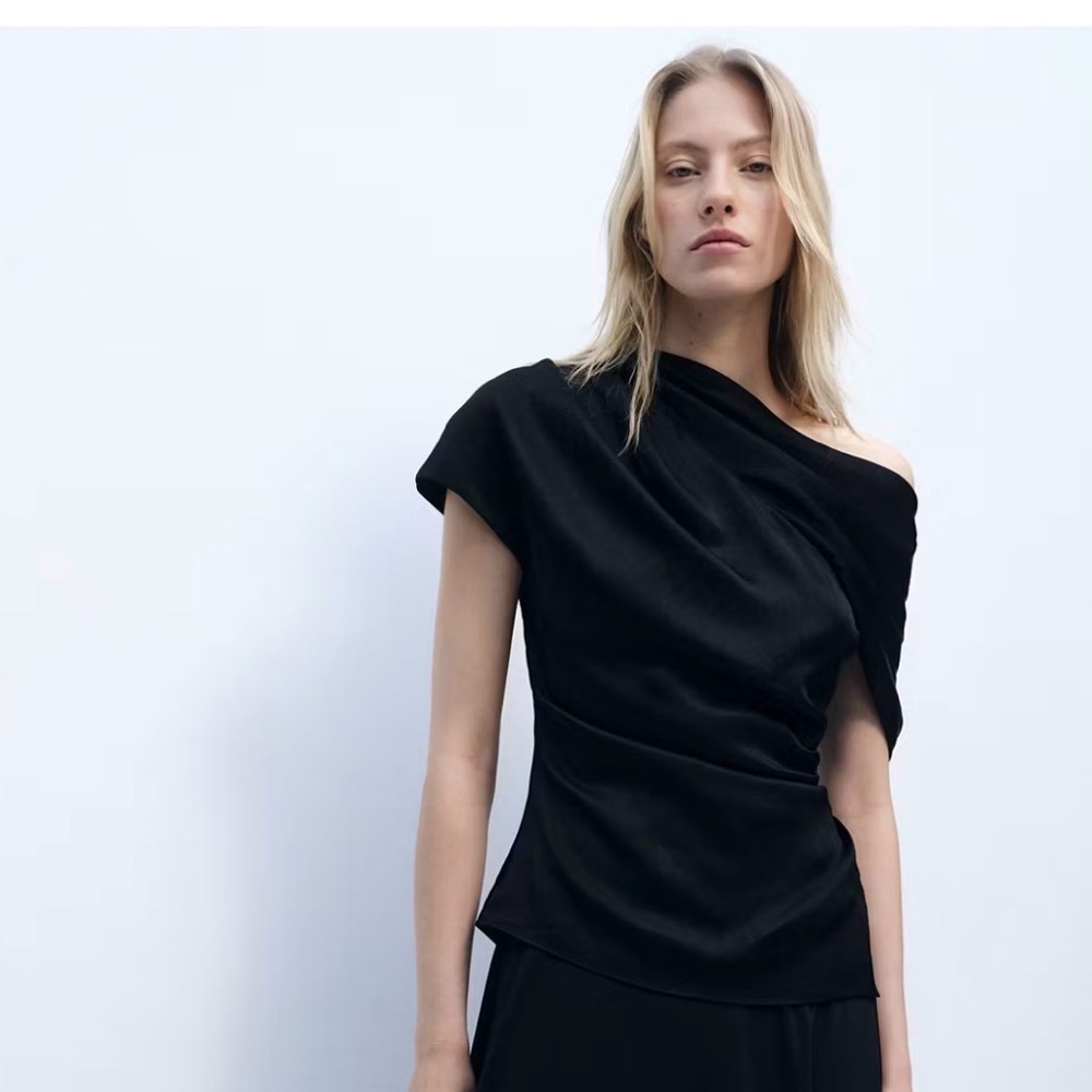 Black short sleeve draped asymmetric blouse